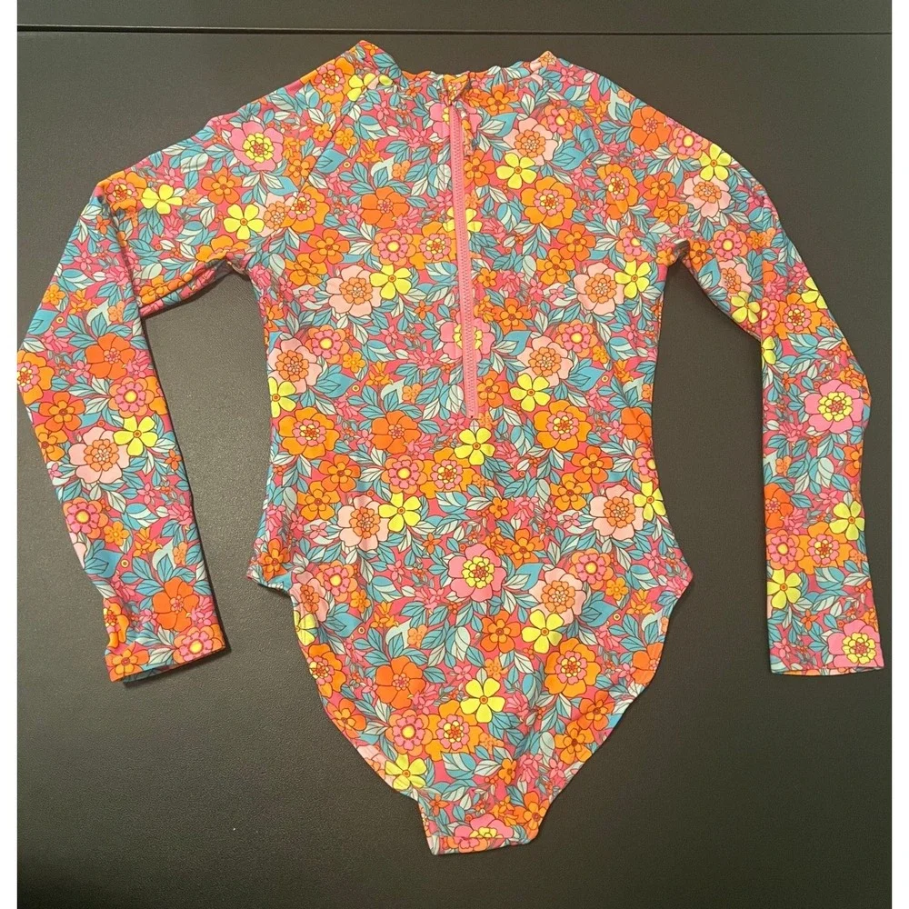 Cat & Jack Swimsuit Girls L 10/12 Pink Orange Floral Long Sleeve One Piece 1630